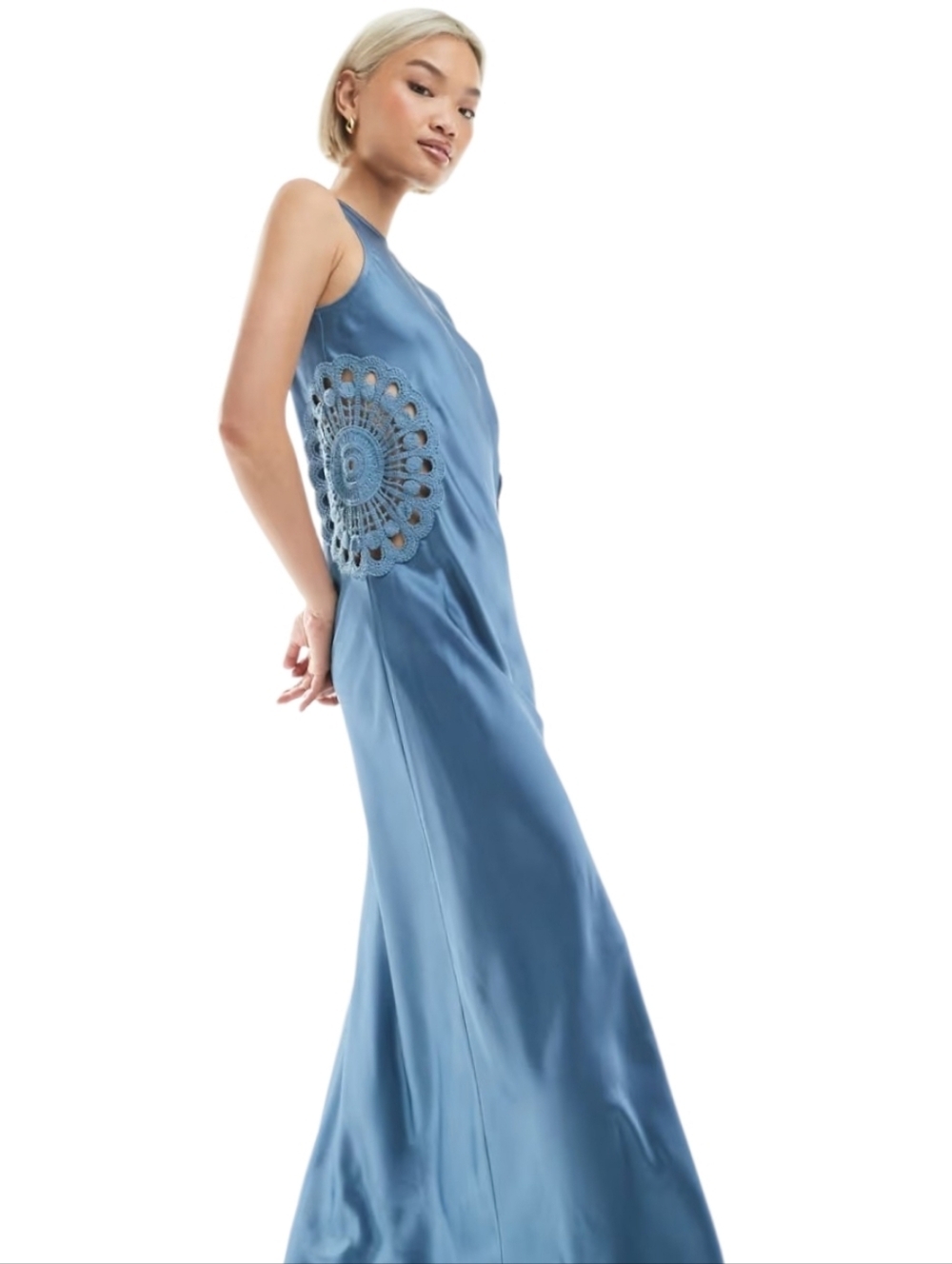 4th & Reckless Aver Blue Satin Maxi Dress Crochet Cutout Sleeveless Size 8 NWT